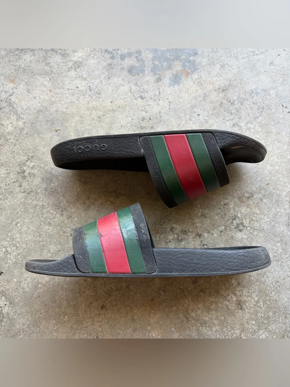 Gucci Black Slides with Green and Red Web Stripe